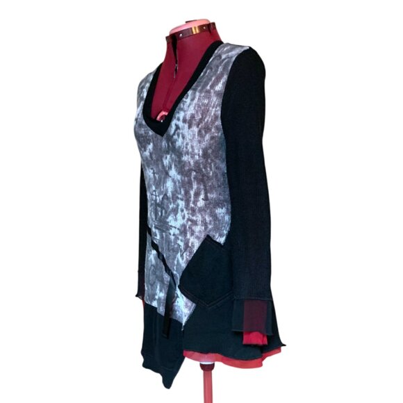 NESS -  XL Asymmetrical Tunic Top Black Gray Abstract Print Long Sleeve - Picture 2 of 11